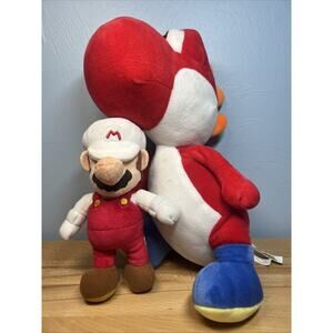 2021 Nintendo Super Mario Red 14" Yoshi Plush Toy + Small Mario Plush Kong Cart